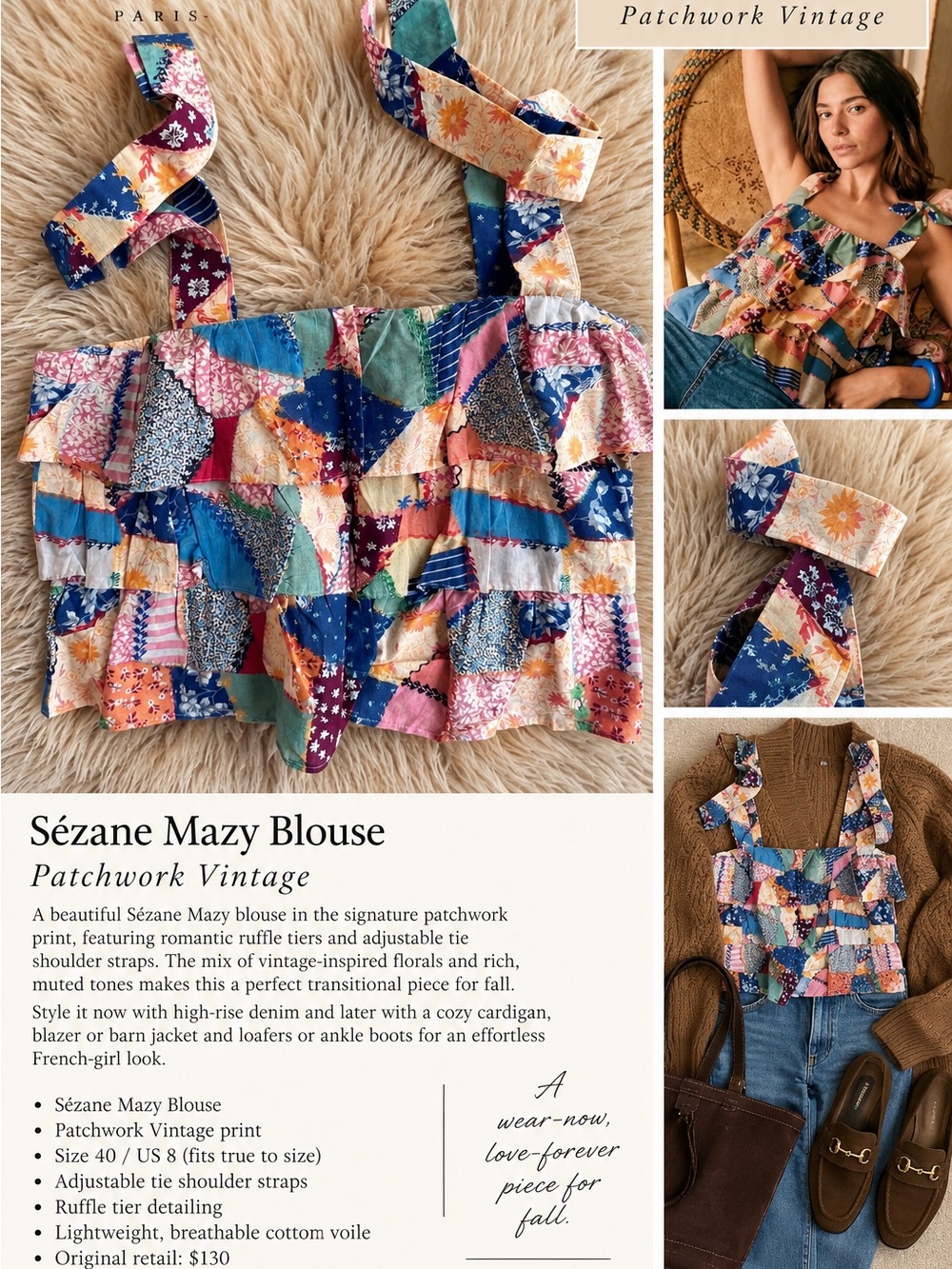 Sézane Mazy Blouse Patchwork Vintage Ruffle Floral Top Size 40 US 8